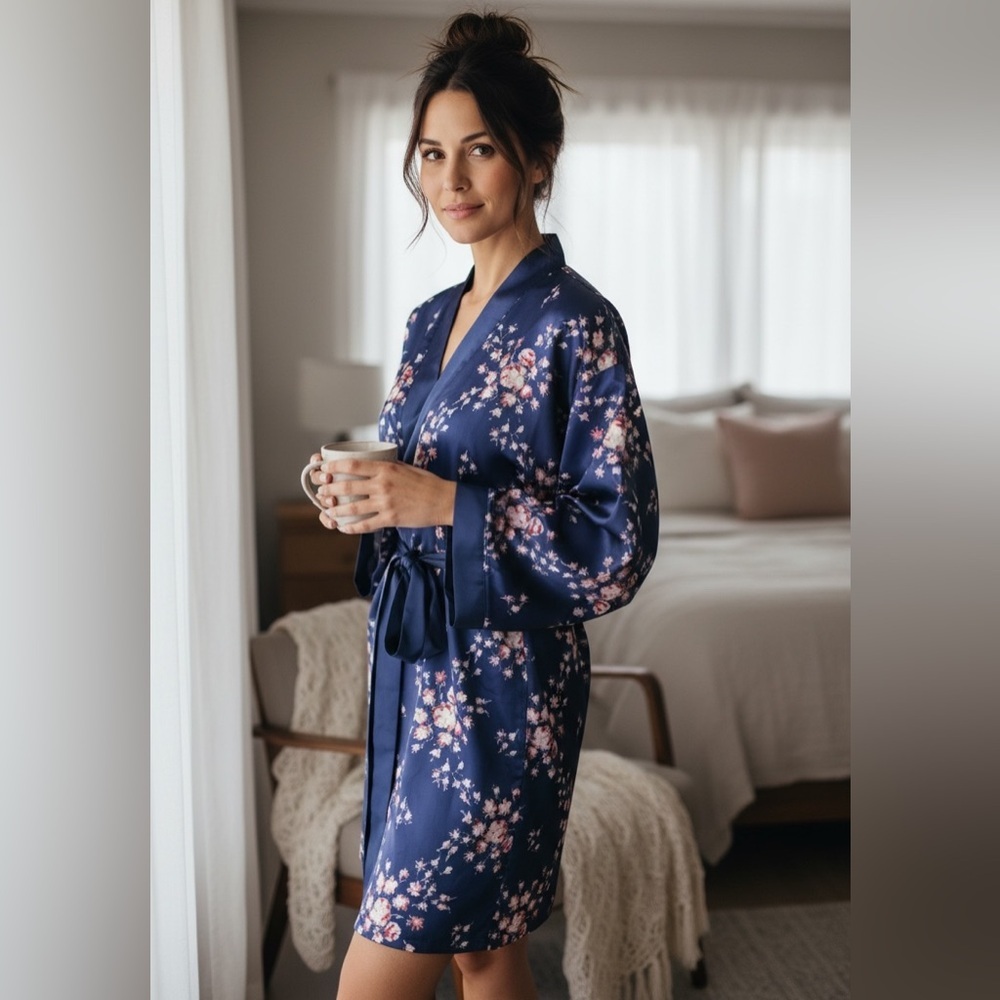 Morgan Lane Navy kimono Midnight Floral Satin Robe